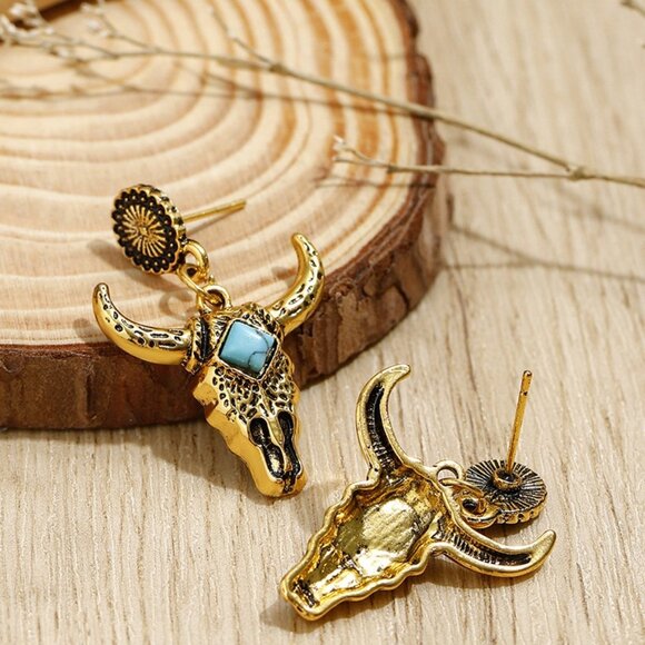 Gold Tone Bull Head Earrings with Turquoise Accent - Picture 2 of 3